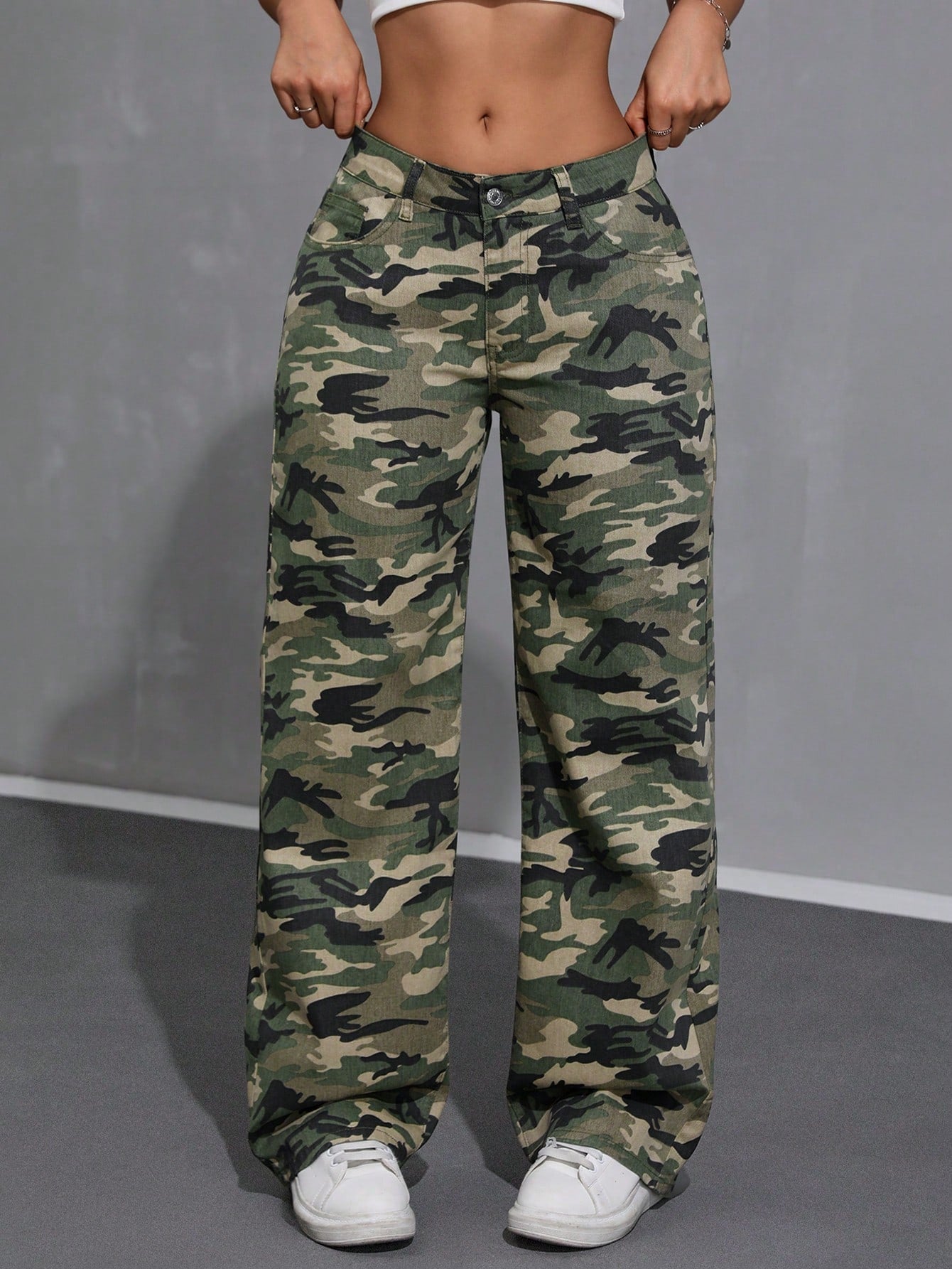 Low Waist Camouflage Water Washed Straight Leg Jeans