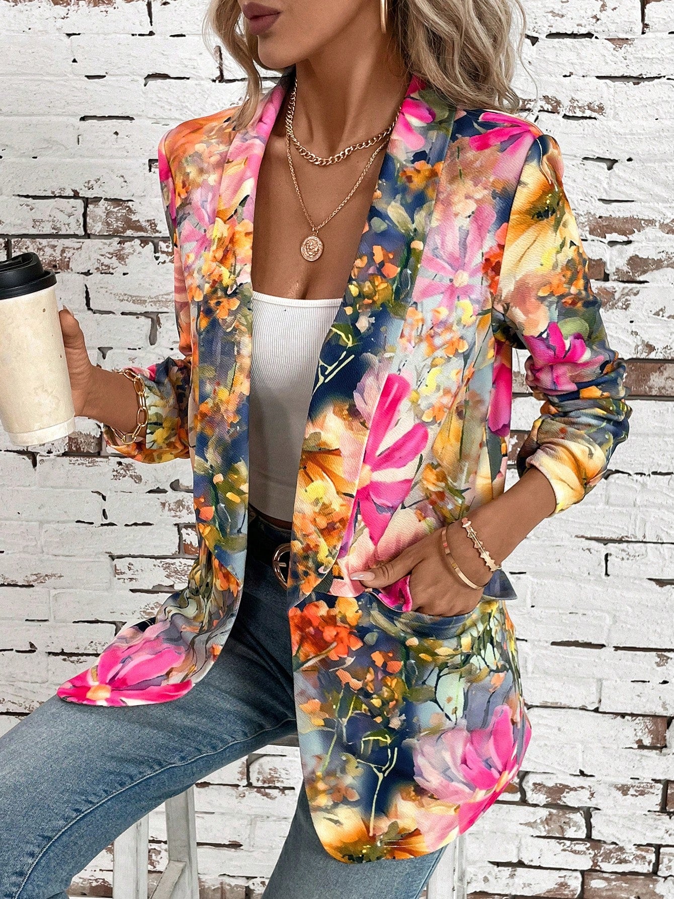 Floral Print Shawl Collar Open Front Blazer