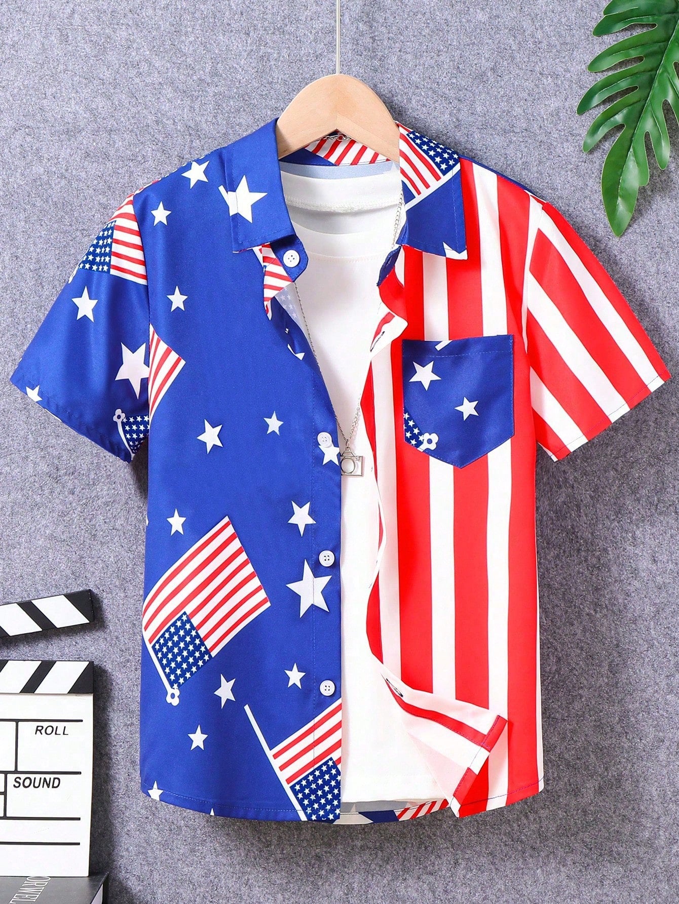 1pc Tween Boy Casual Usa Flag Printed Short Sleeve Turn-Down Collar Shirt, Spring/Summer