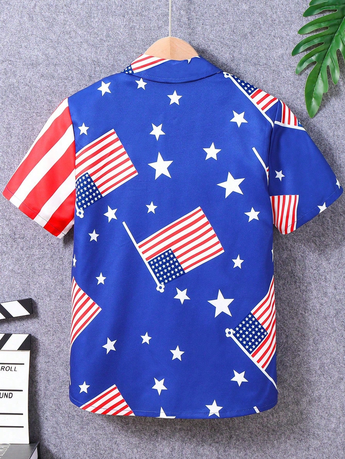 1pc Tween Boy Casual Usa Flag Printed Short Sleeve Turn-Down Collar Shirt, Spring/Summer