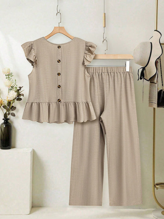 Women's Holiday Casual Solid Color Ruffle Hem Top And Wide-Leg Pants Two-Piece Set