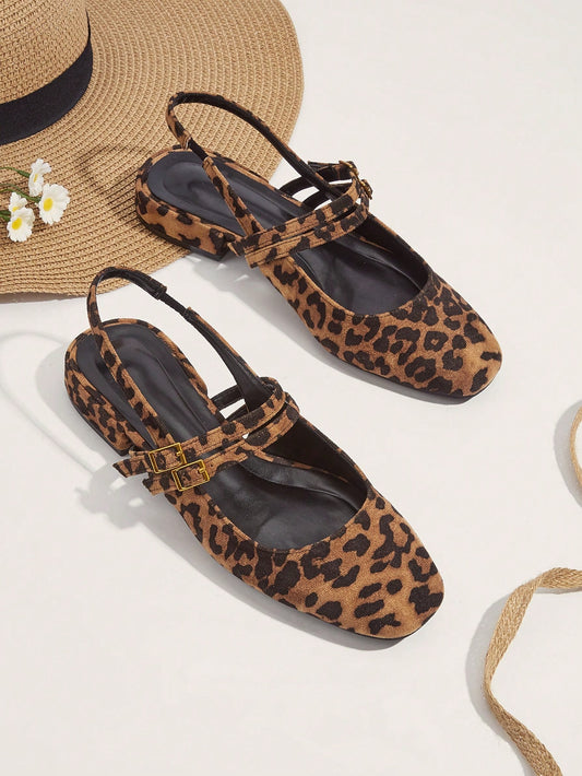 Leisure Vacation Style Leopard Print Round Toe Buckle Strap Flat Shoes