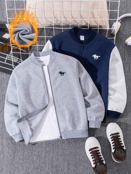 2pcs Tween Boy's Casual Colorblock Baseball Jacket, Suitable For Commute, School, Daily, Sports In Autumn/Winter Seasons