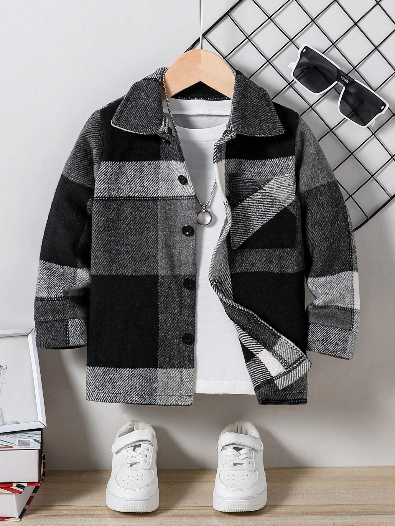 1pc Young Boy Casual Plaid Woolen Jacket, Suitable For Daily, College, Autumn And Winter Seasons