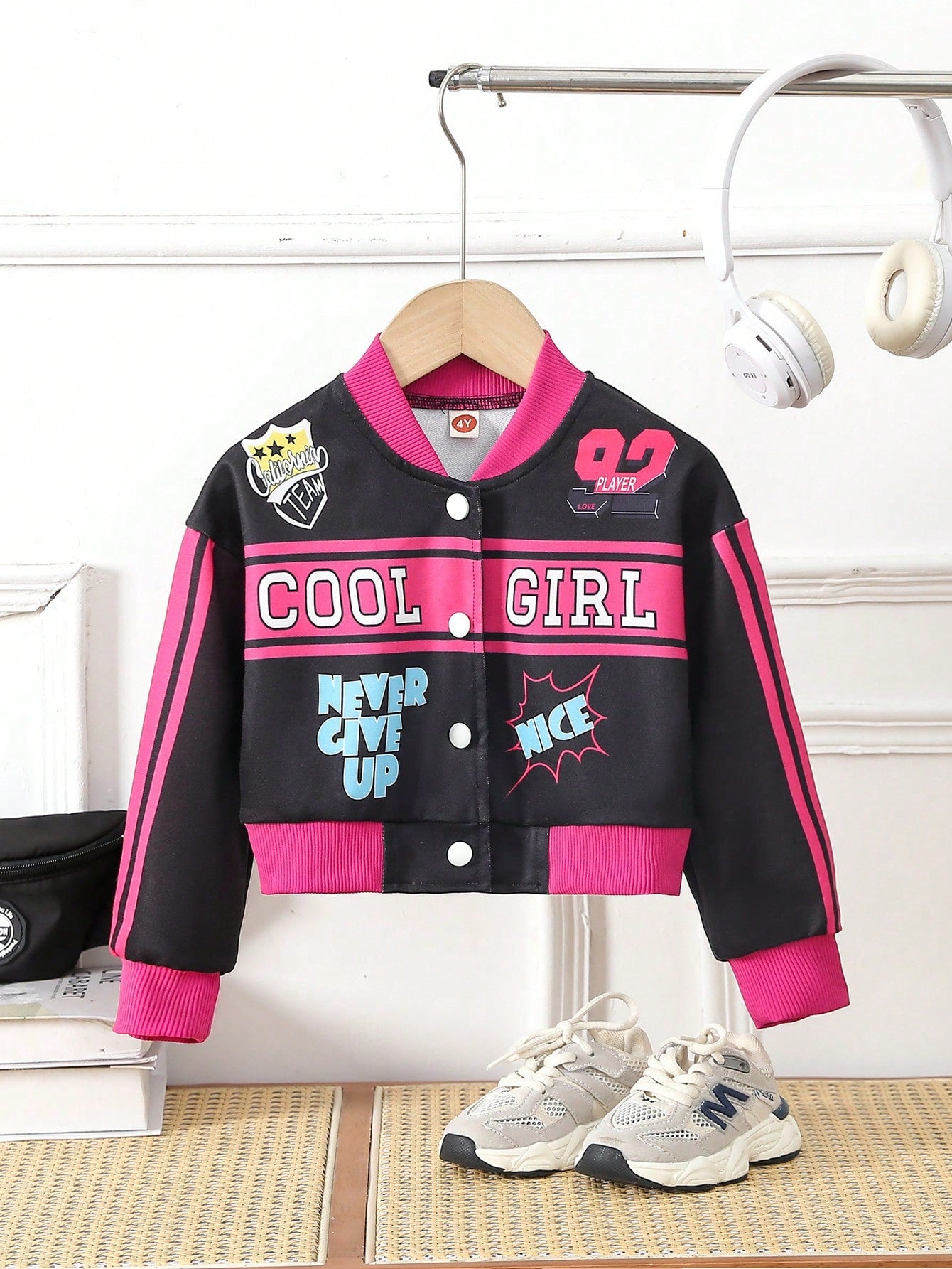 Young Girl Spring/Fall Casual Fashionable Round Neck Baseball Jacket With Letter Prints