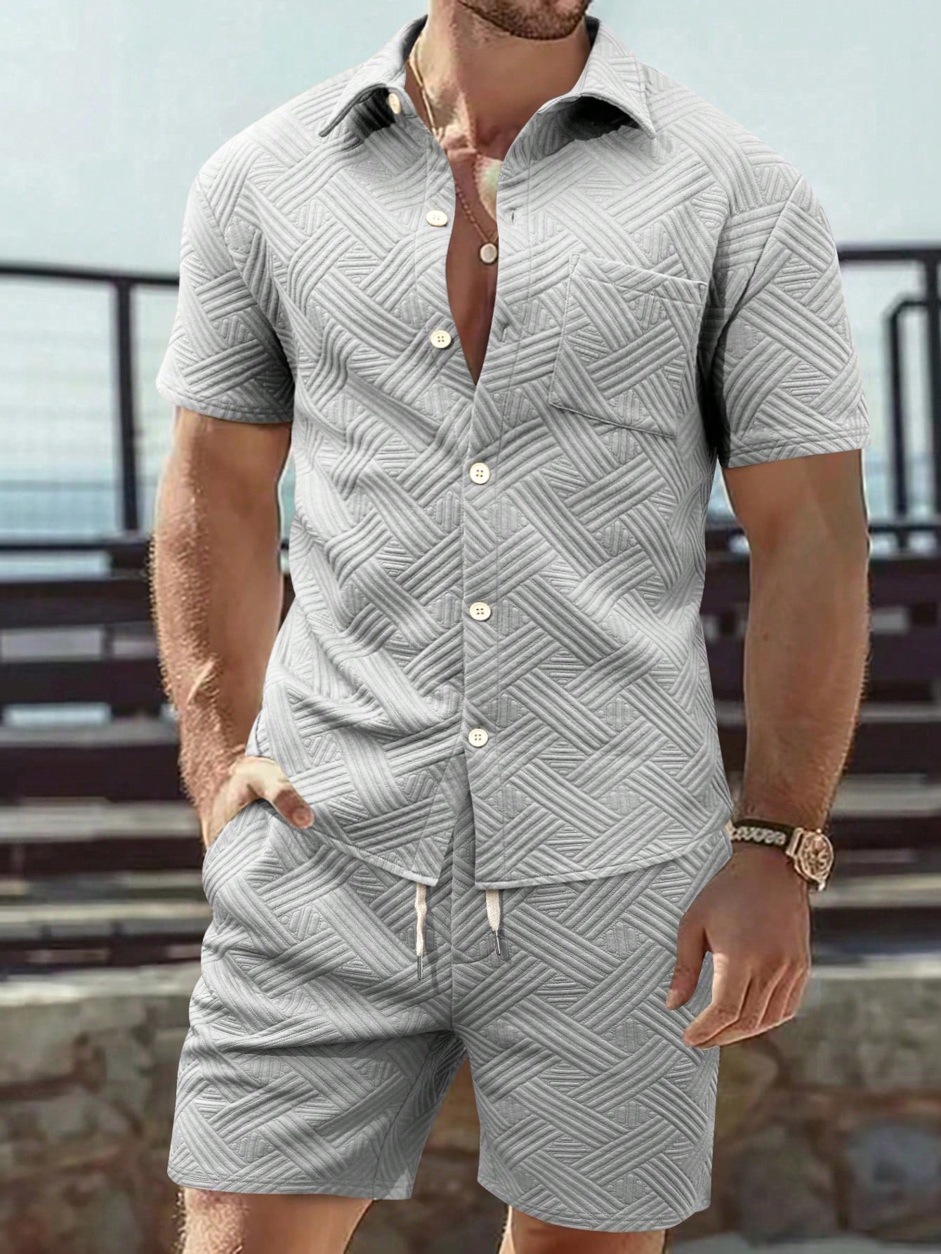 Men's Fashionable 3D Textured Casual Shirt Set