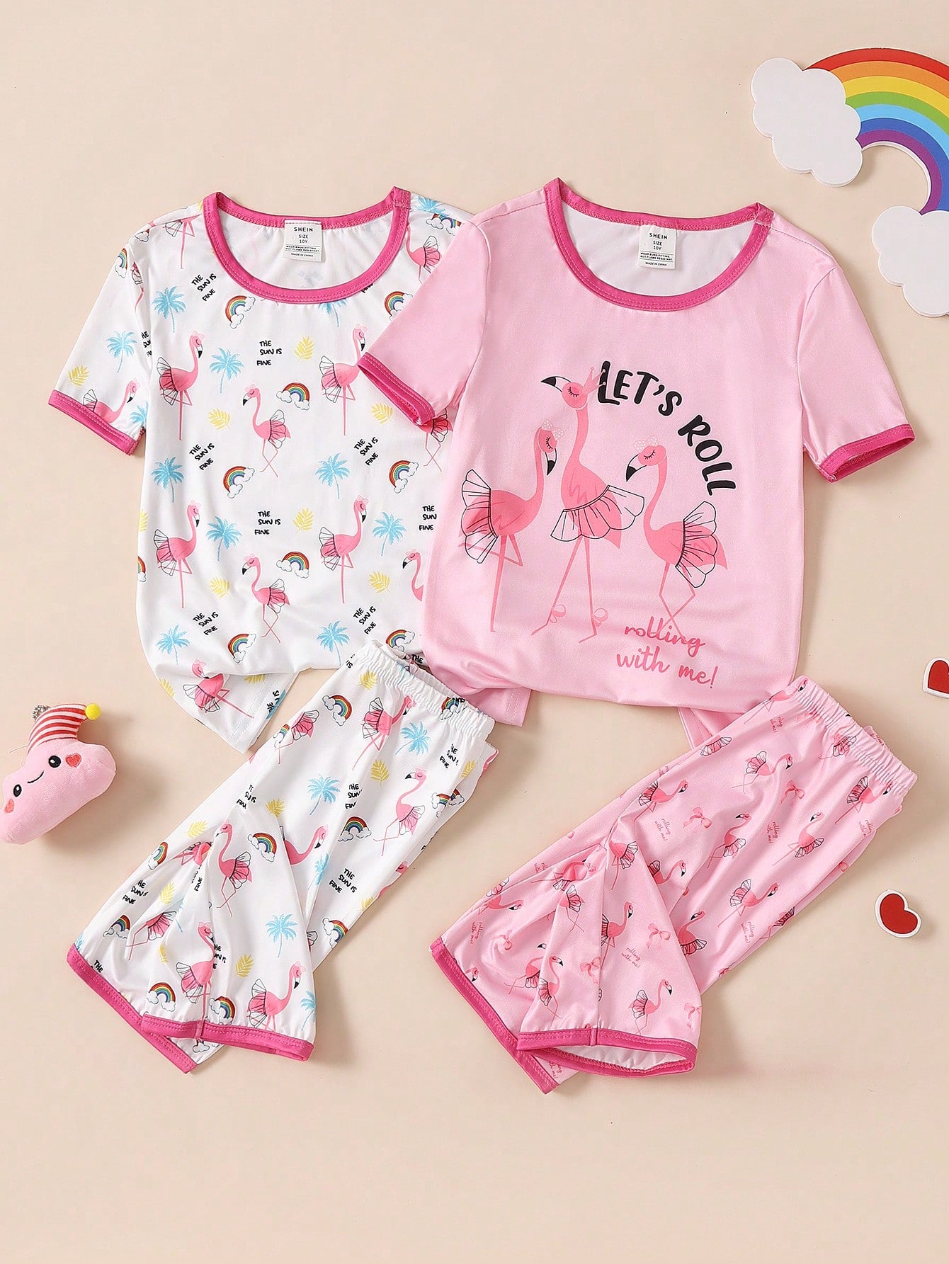 2pcs Tween Girl Pajama Set, Crane Print Short Sleeve T-Shirt & Shorts Loungewear