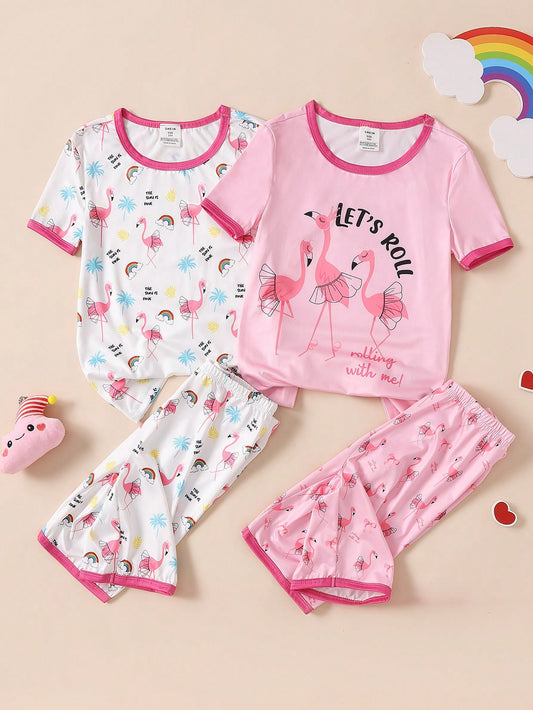 2pcs Tween Girl Pajama Set, Crane Print Short Sleeve T-Shirt & Shorts Loungewear