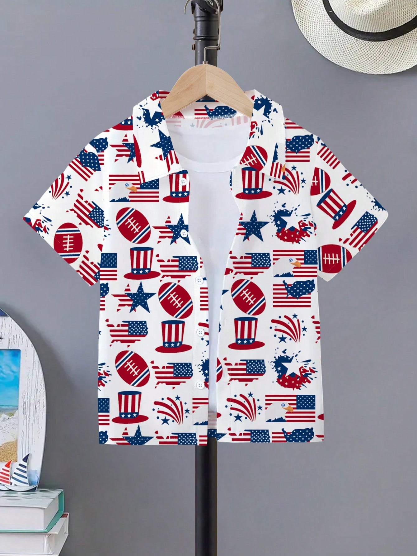 2024 Spring/Summer New Arrival Cool American Flag Printed Short Sleeve Casual Shirt (Random Cut) For Tween Boys