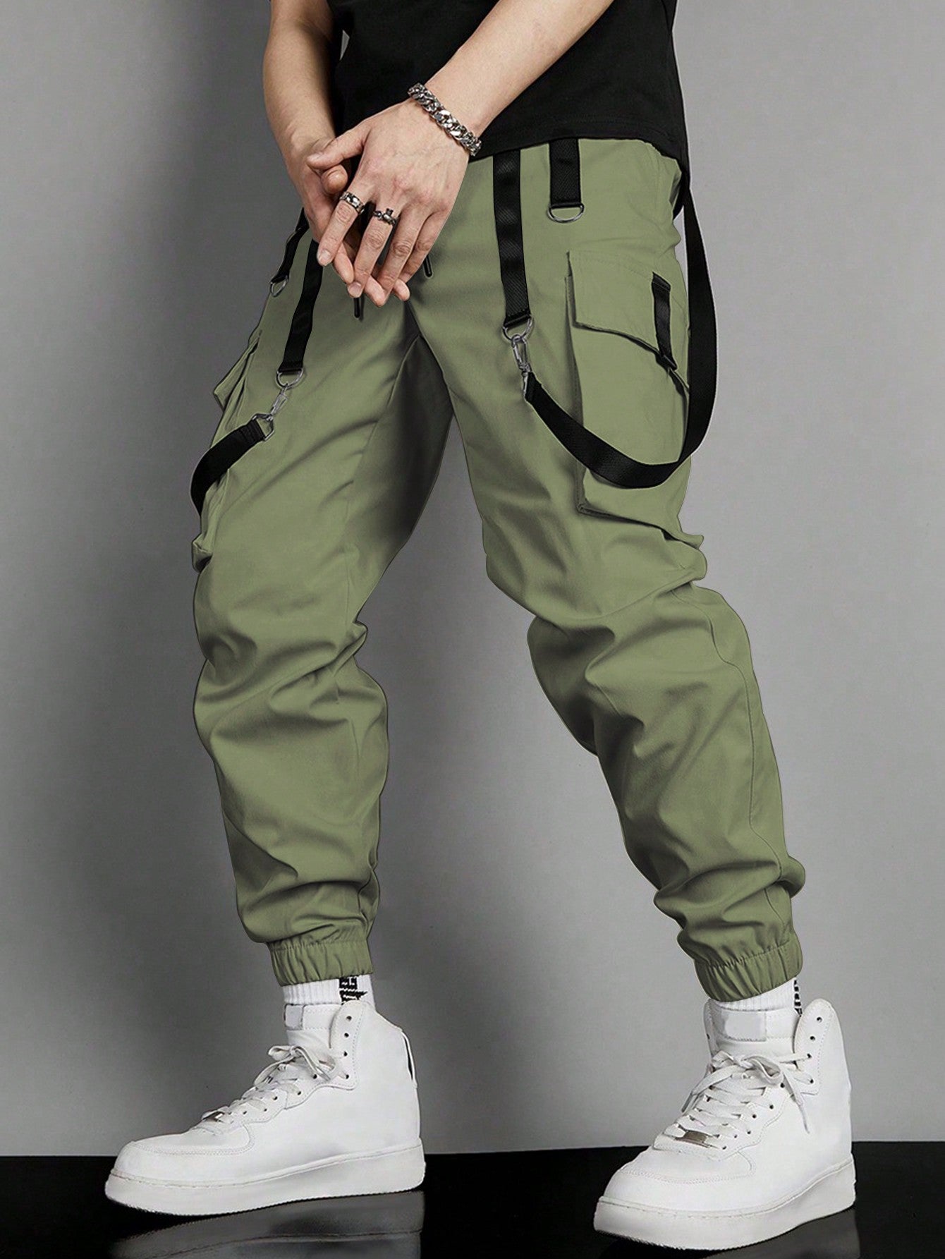 Men Flap Pocket Buckle Detail Cargo Pants Long Slacks Plain All White Going Out