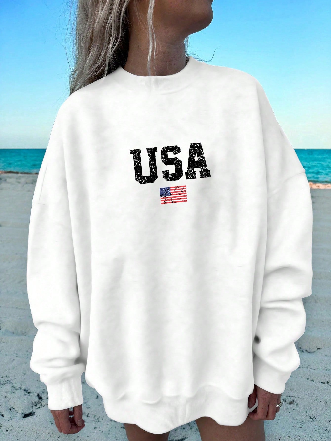 Casual & Simple American Flag Printed Round Neck Loose Women's Sweatshirt For Independence Day