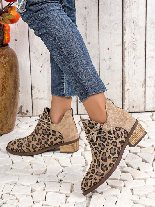 New Women's Leopard Print Chunky Heel Short Boots, Spring/Autumn Boots, Vintage Back Zipper Color Block Booties, Size 36-43