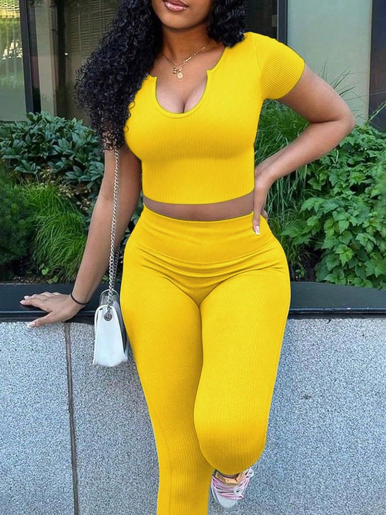 Women's Solid Color Short Sleeve V-Neck Top And Long Pants, Sexy 2pcs Summer Outfit