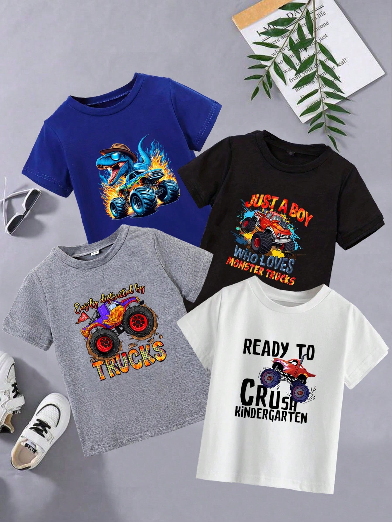 4pcs Young Boy' Off-Road Vehicle, Racing Car, & Dinosaur Printed Short Sleeve T-Shirt Set (Spring/Summer/Fall)