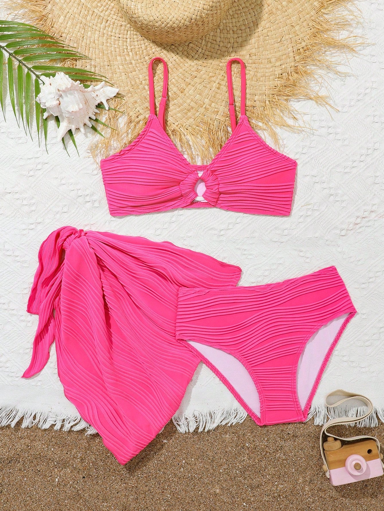 Tween Girl Holiday Solid Color Bikini Set With Circular Links, Matching Cover Up Skirt, 3pcs