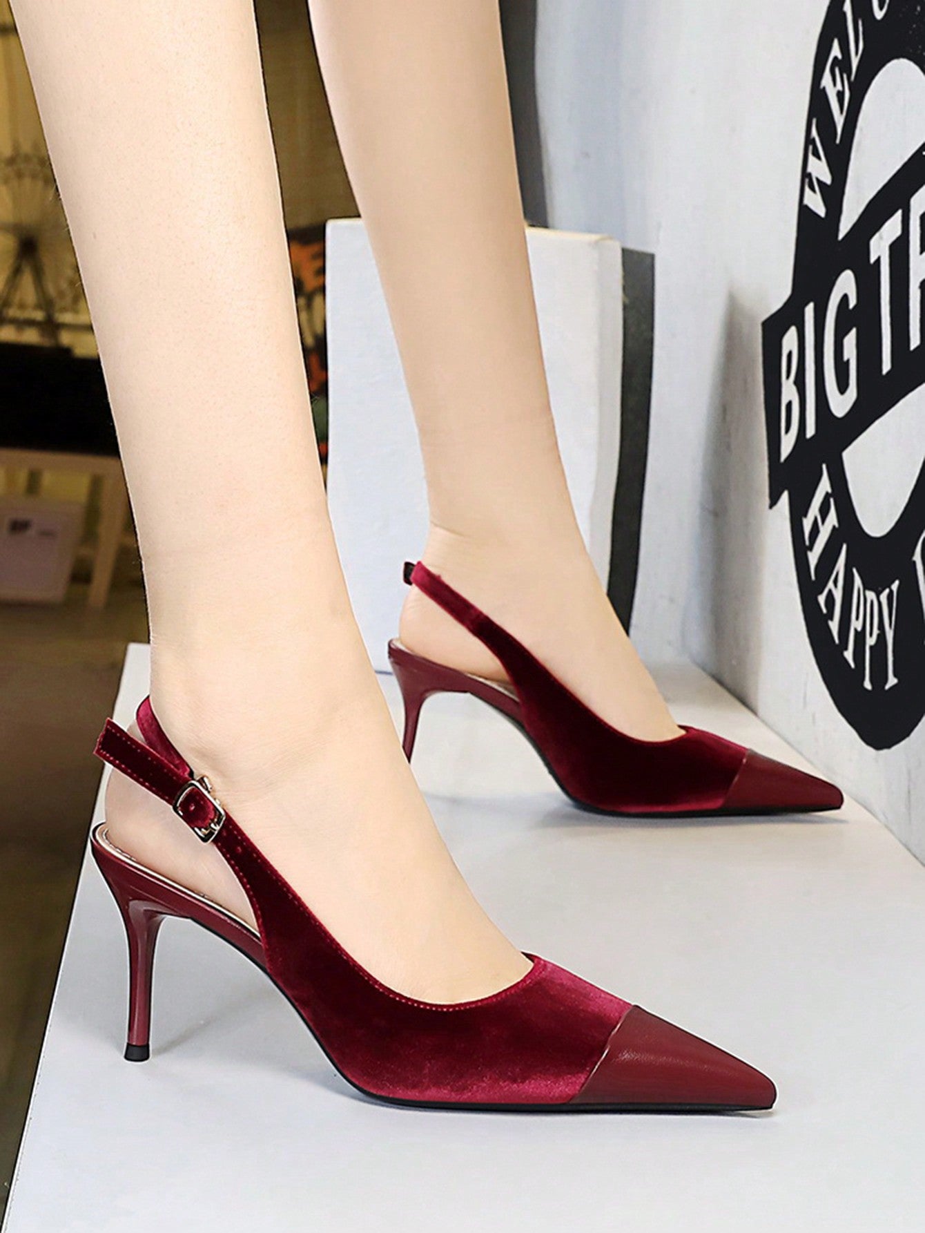 Party High Heels, Thin Heels, Shallow Mouth, Pointed Velvet Upper With Metal Buckle, Single Strap Shoe