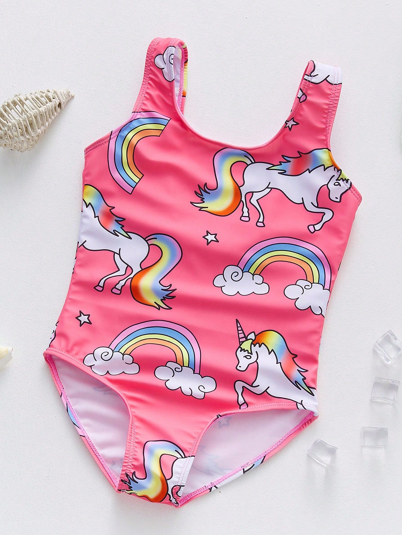 Young Girl Rainbow Gradient Cartoon Unicorn Printed One-Piece Swimsuit