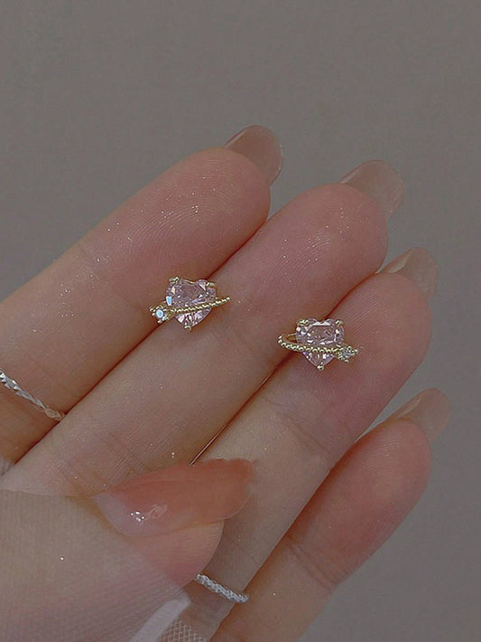 1pair Romantic Pink Heart Shaped Cubic Zirconia Stud Earrings For Teenage Girls, Suitable For Daily Wear, Jewelry Gift