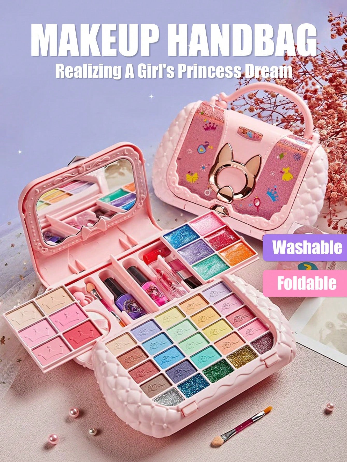 Kids Cosmetic Set Toys With Mirror Little Bag For Girls Princess Real Washable Pretend Play Beauty Toys Makeup Kit  & Safe Birthday Gifts For Girls