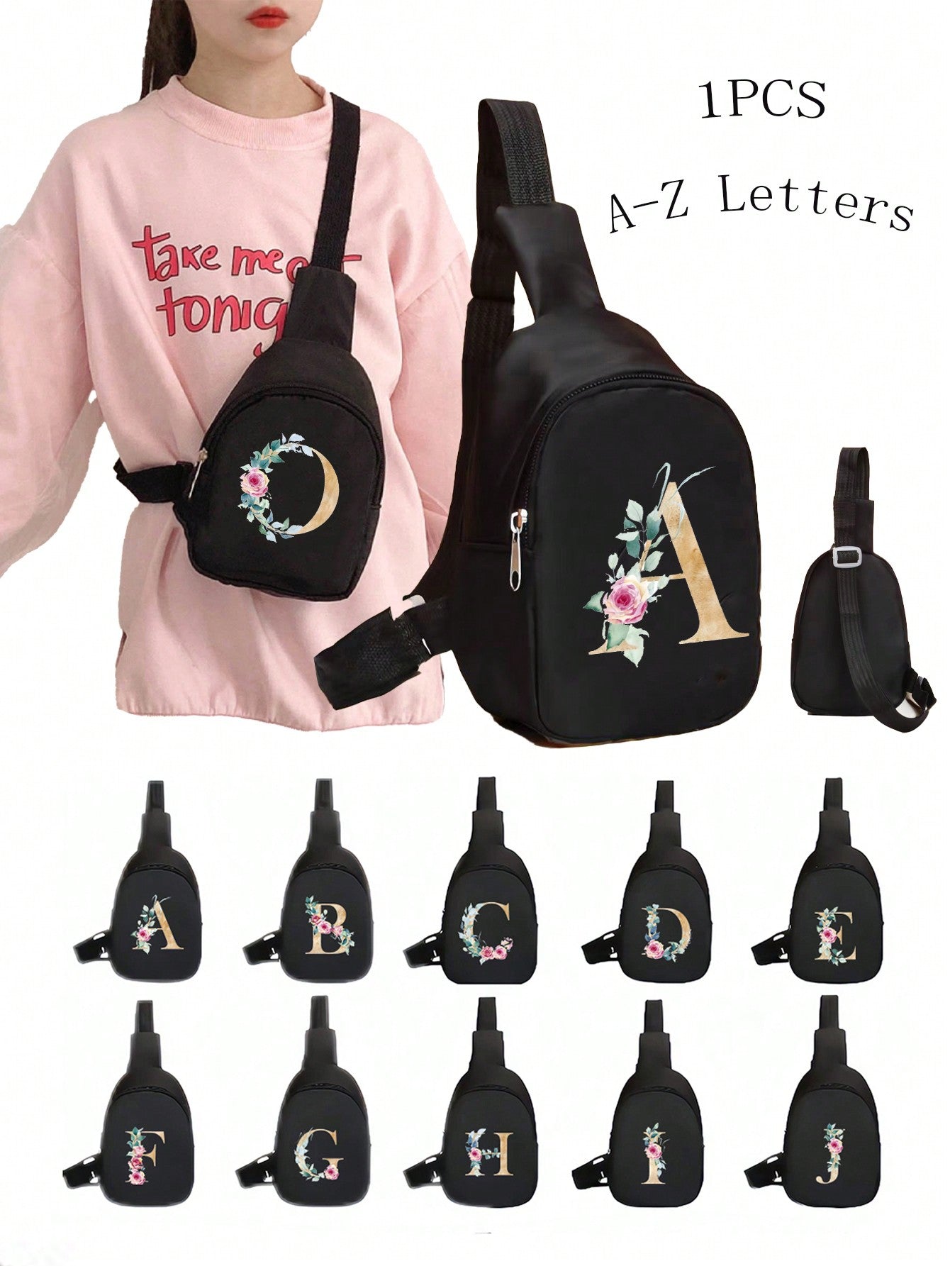 Portable Large Capacity Foldable And Reusable Waist Bag, Can Be Worn Diagonally With Floral Alphabet Printing, Cute And Elegant Wallet For Both Boys And Girls