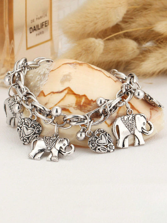 1pc Retro Carved Elephants & Hearts Charm Bracelet, Cute Hand Jewelry For Girls- Random