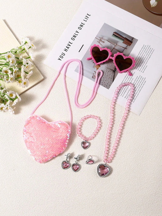 7pcs Girls' Jewelry Gift Set With Sunglasses, Glitter Heart-Shaped Pearl Necklace, Bracelet, Sunglass Case, Perfect Birthday Gift For Toddler Girls, Pink Color