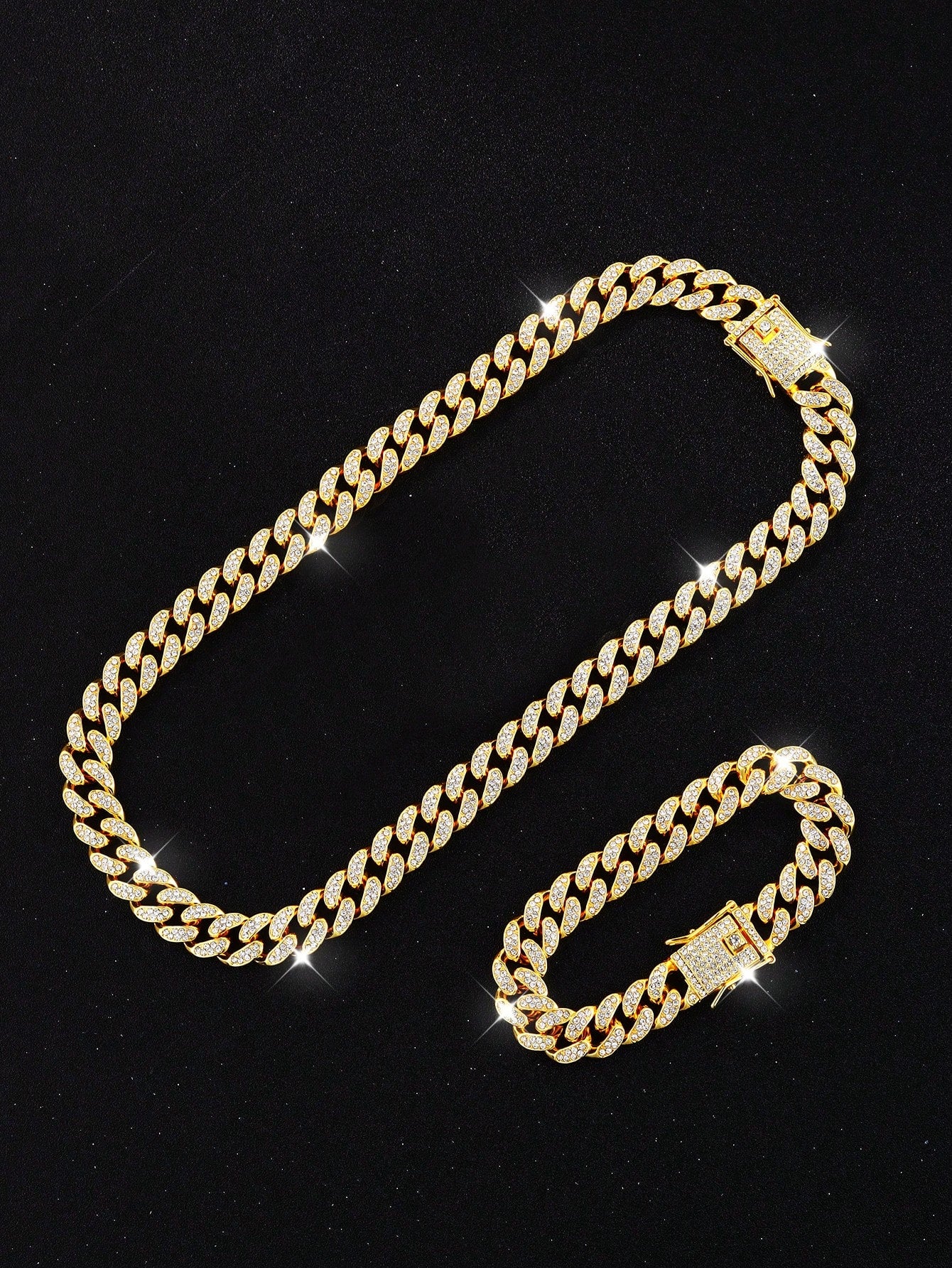 2pcs Hip-Hop Style Fashion Jewelry Set, Including Diamond Embedded Necklace And Unisex Rock Bracelet