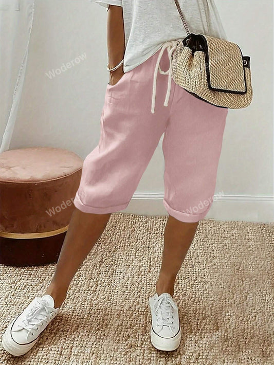 Women's Solid Color Drawstring Waist Pocketed Casual Bermuda Shorts