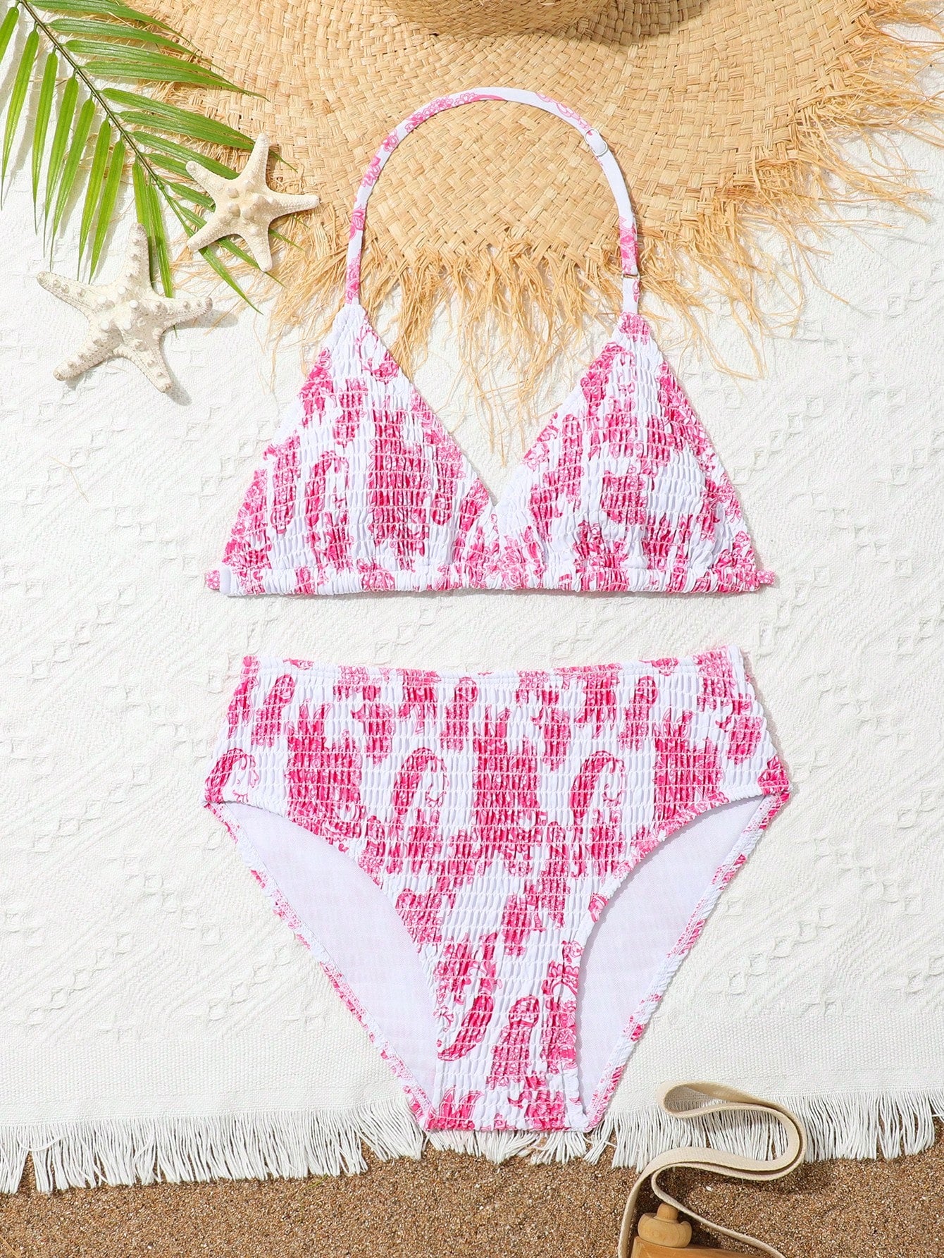 Tween Girl (Big) Halter Neck Bikini Set And Swim Trunks Set In Random Print Summer Beach