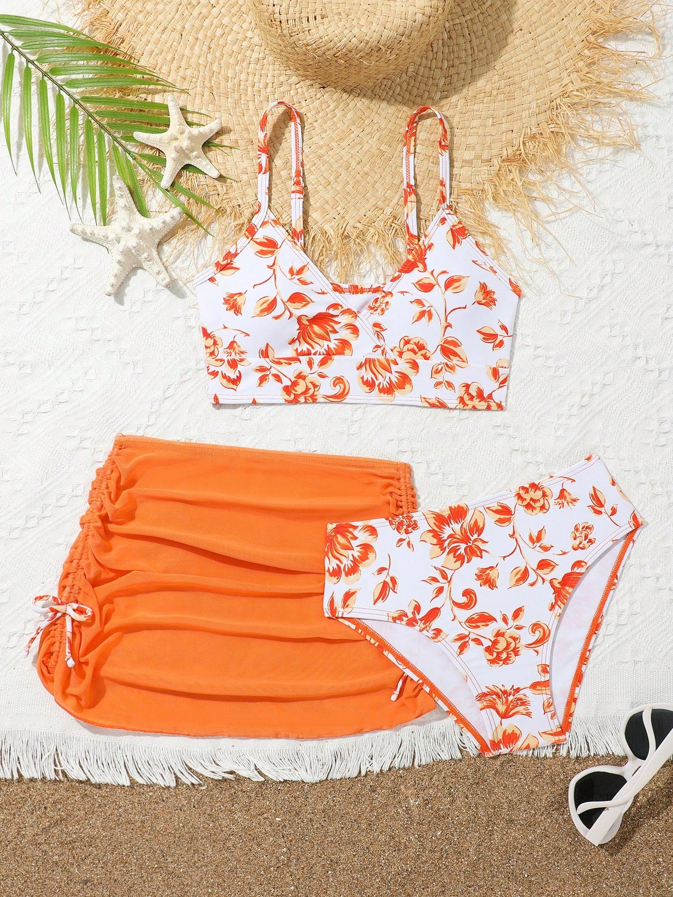 Tween Girl Random Floral Print Bikini Set And Drawstring Side Bikini Set Skirt Summer Beach