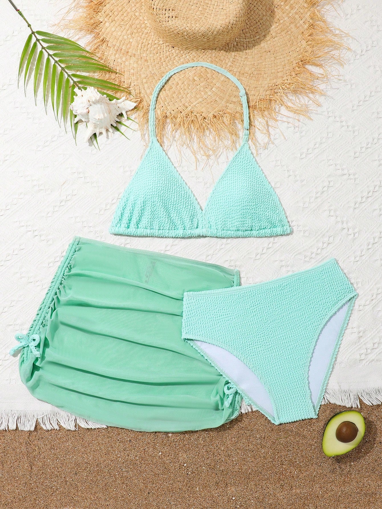 Teenage Girls' Solid Color Triangle Halter Bikini Set With Mesh Beach Skirt