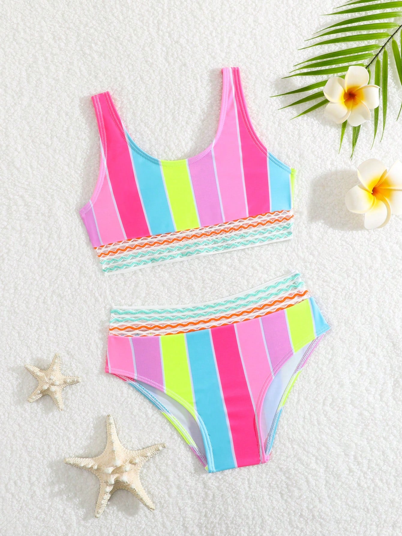 Young Girl Rainbow Neon Striped Cute Bikini Set Bathing Suit Summer Beach