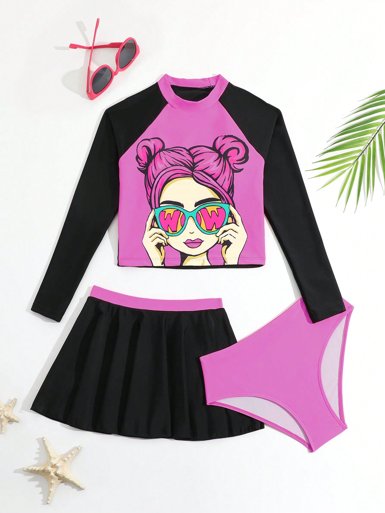 Tween Girl Color-Block Character Printed Top, Skirt, Triangle Pant, Swimsuit Set