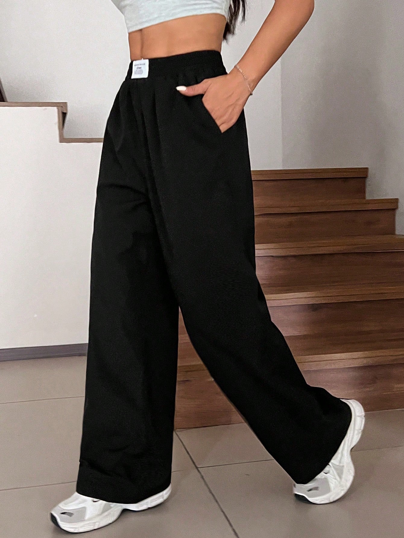 Women's Black Woven Casual Wide Leg Letter Printed Elastic Waist Palazzo Pants