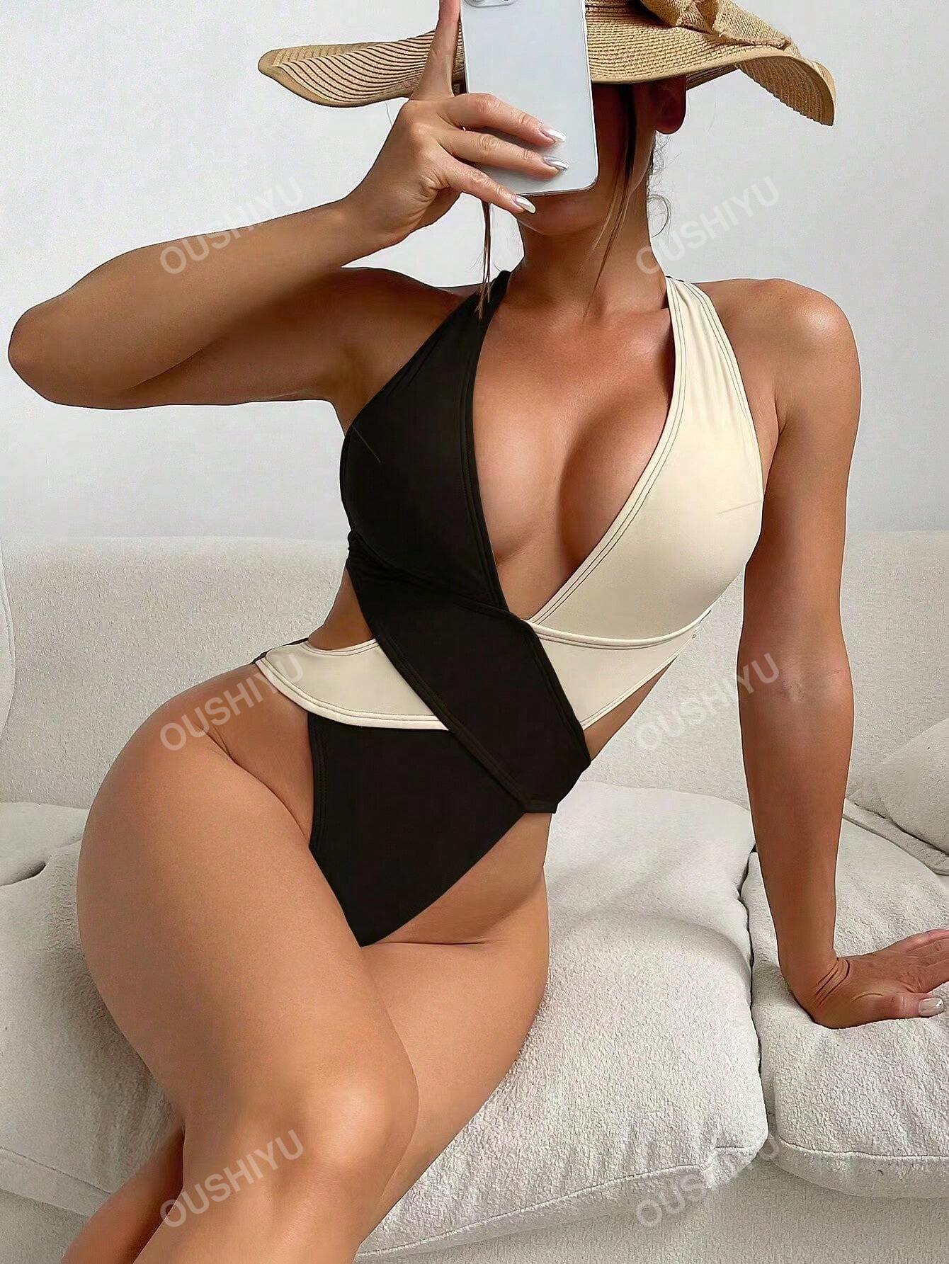 Colorblock Criss Cross One-Piece Swimsuit Bathing Suit For Summer Beach