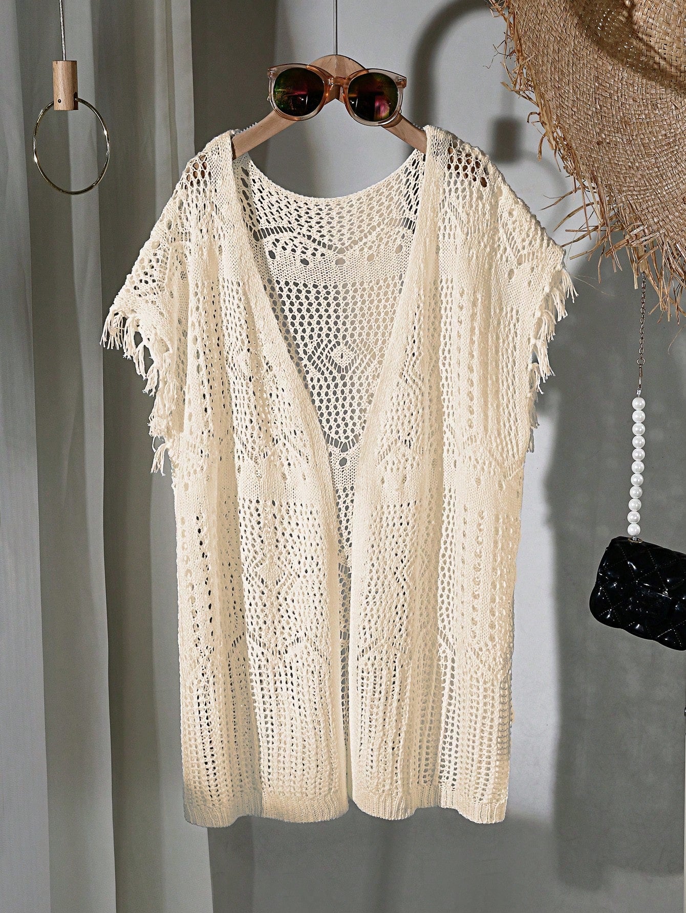 Tween Girl Vacation Hollow Out Tassel Loose Kimono With Open Front