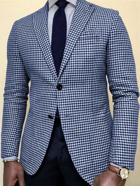 Men's Retro Blue Plaid Casual Suit Jacket, For Wedding/Business Attire