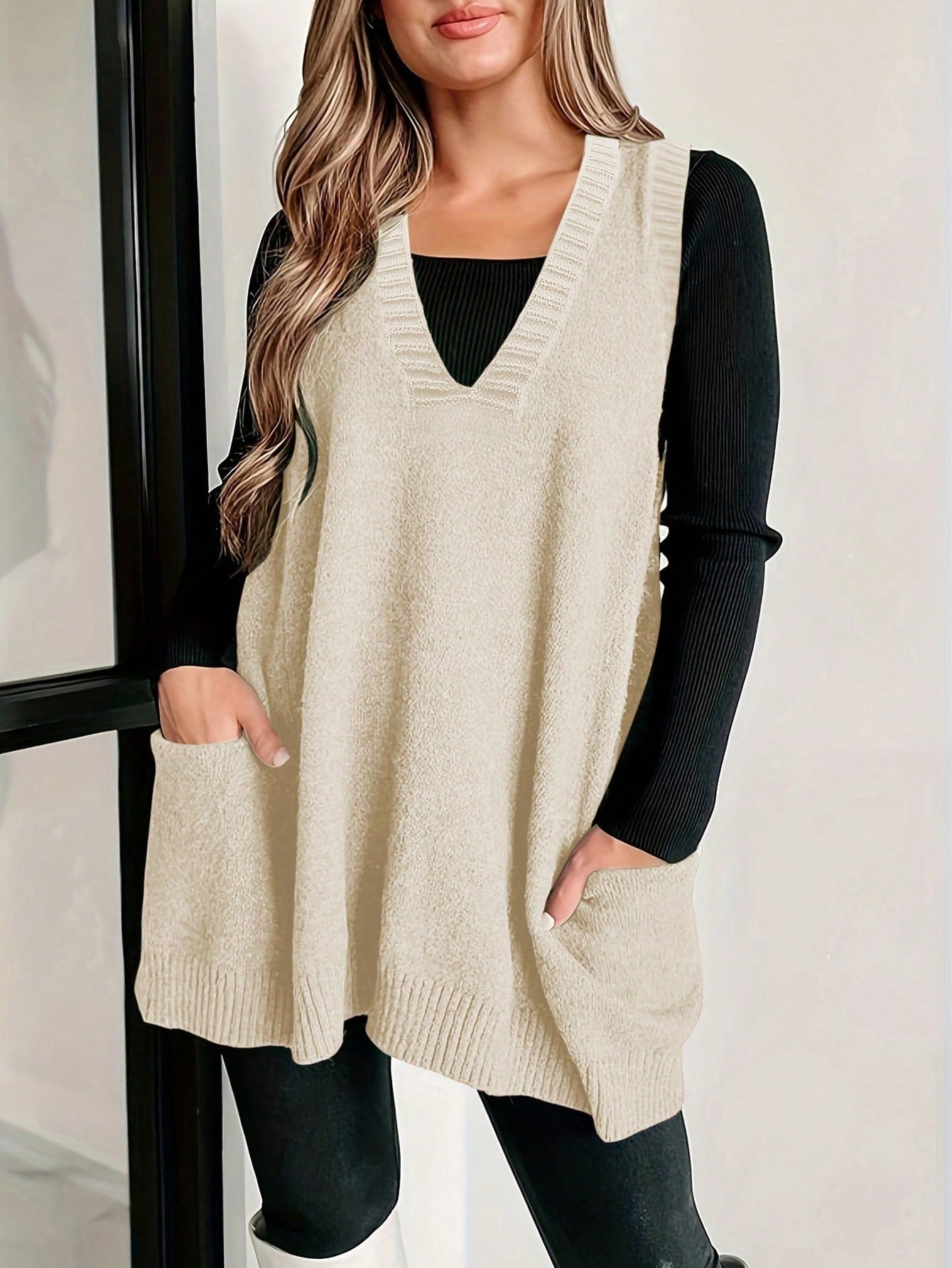 Plus Size Spring Autumn Casual Solid Color Double Pocket Sweater Vest