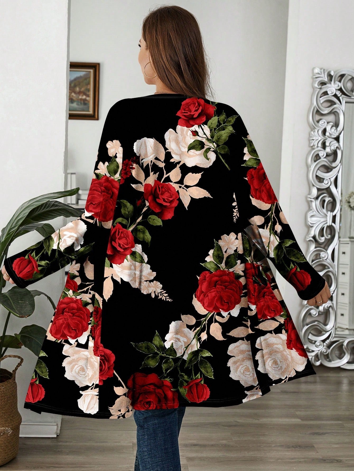 Plus Size Women's Casual Loose Fit Long Sleeve Floral Printed Cardigan Sweater For Fall