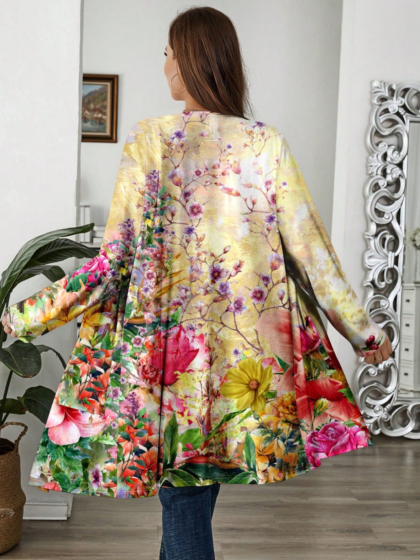 Plus Size Women's Casual Loose Fit Long Sleeve Floral Printed Cardigan Sweater For Fall