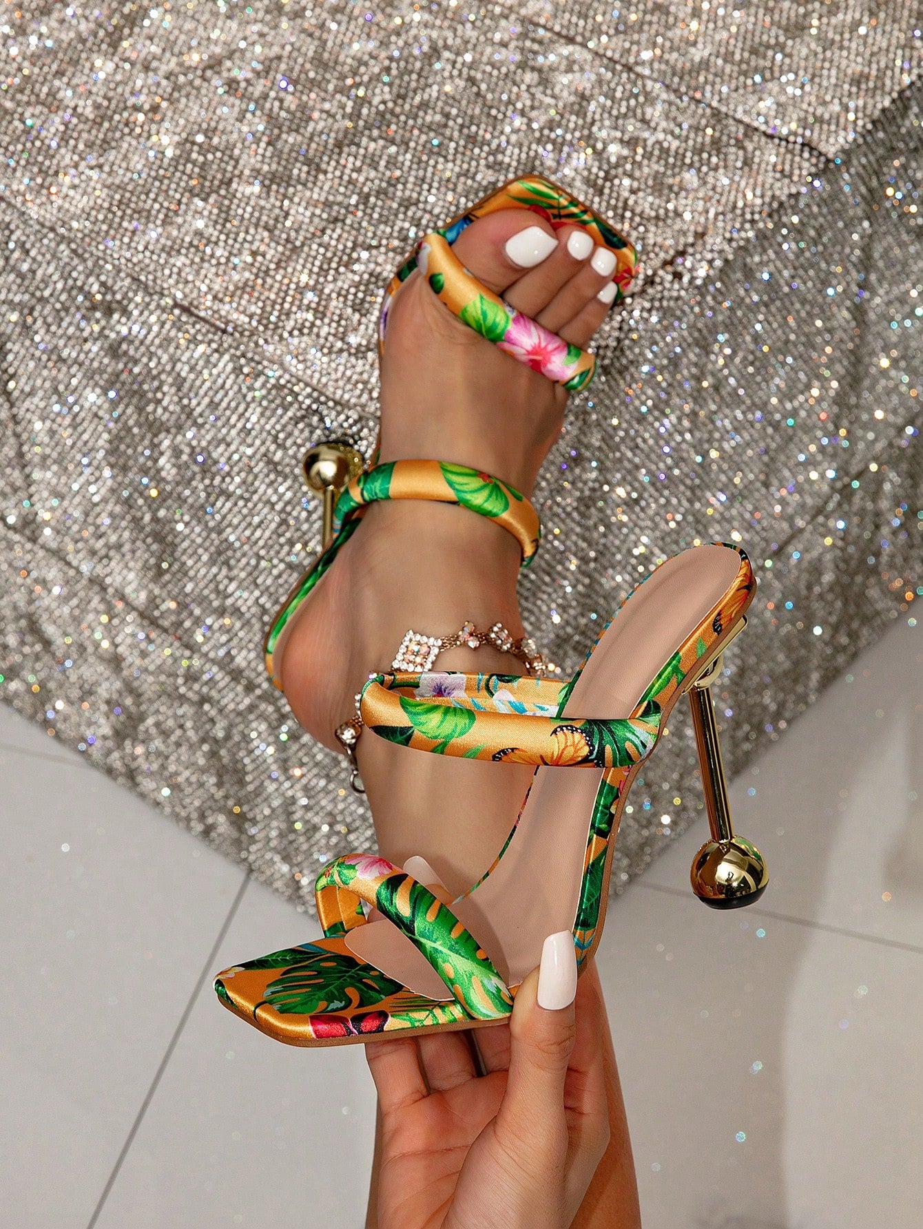 Women's Colorful Decor Pyramid Heel Mules Sandals, Gorgeous Party High Heel Sandals