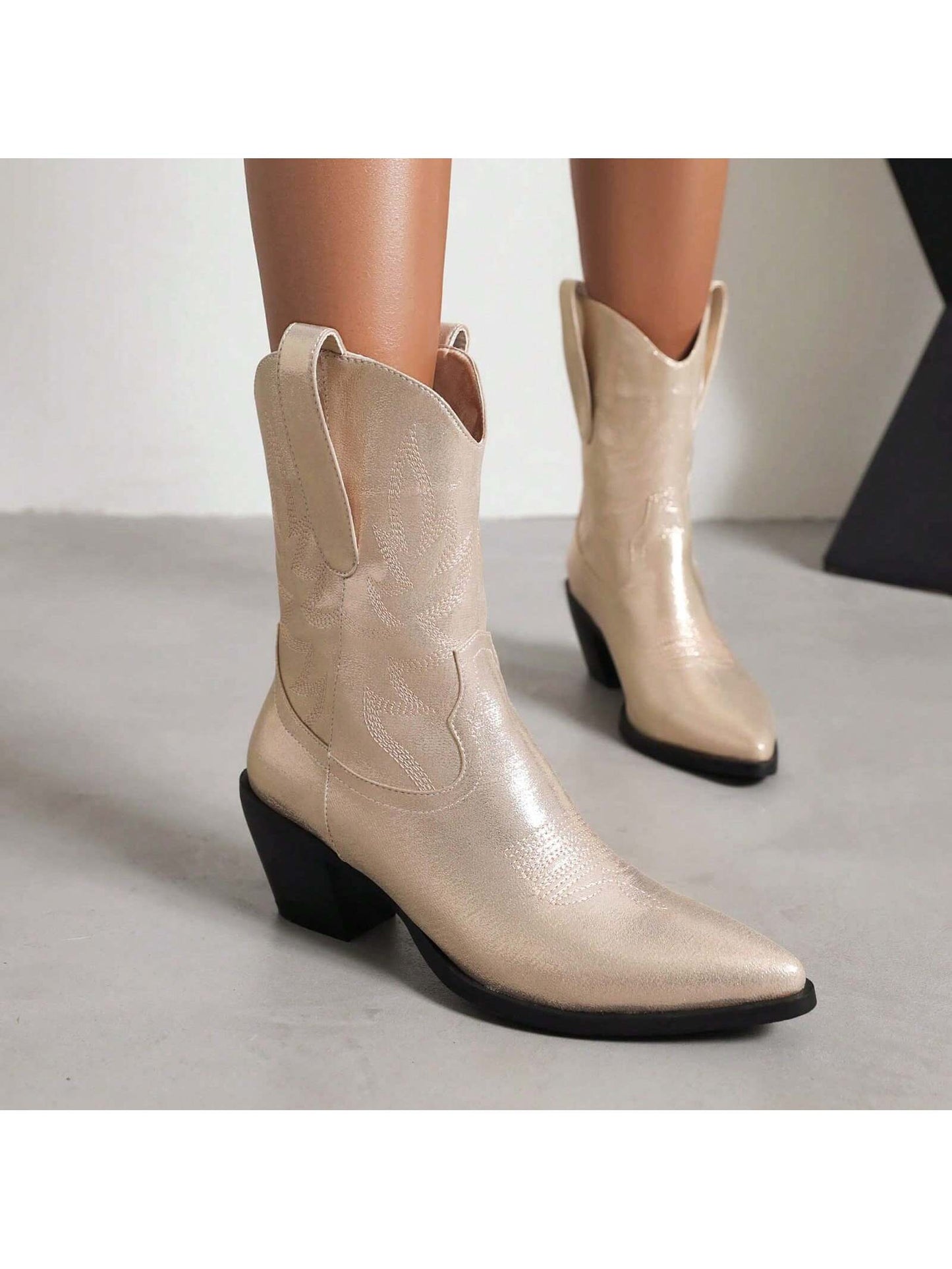 Women Cowgirl Boots Cowboy Embroidered Western Boots Metallic Leather Chunky Mid Heel Mid Calf Boots