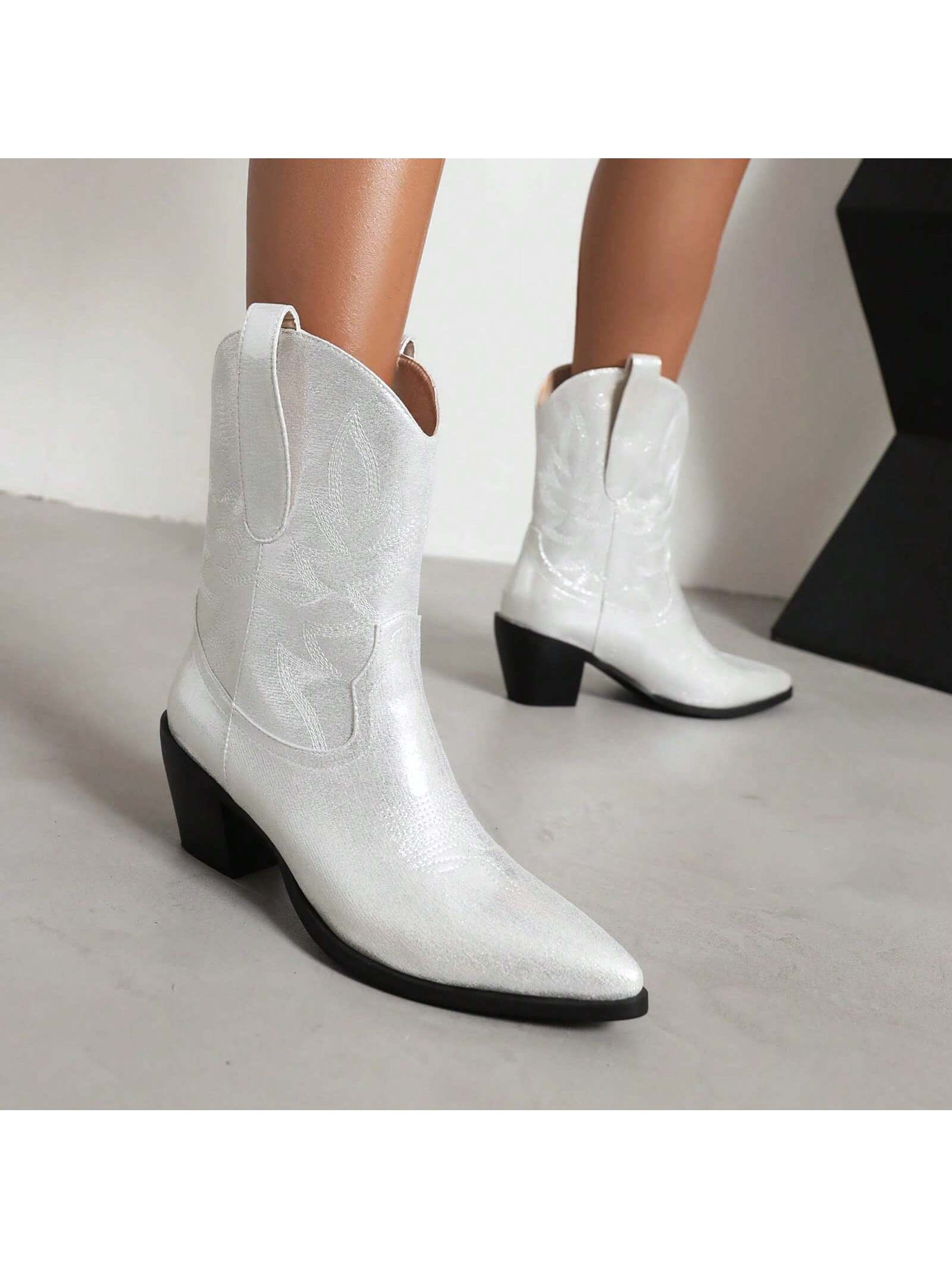 Women Cowgirl Boots Cowboy Embroidered Western Boots Metallic Leather Chunky Mid Heel Mid Calf Boots