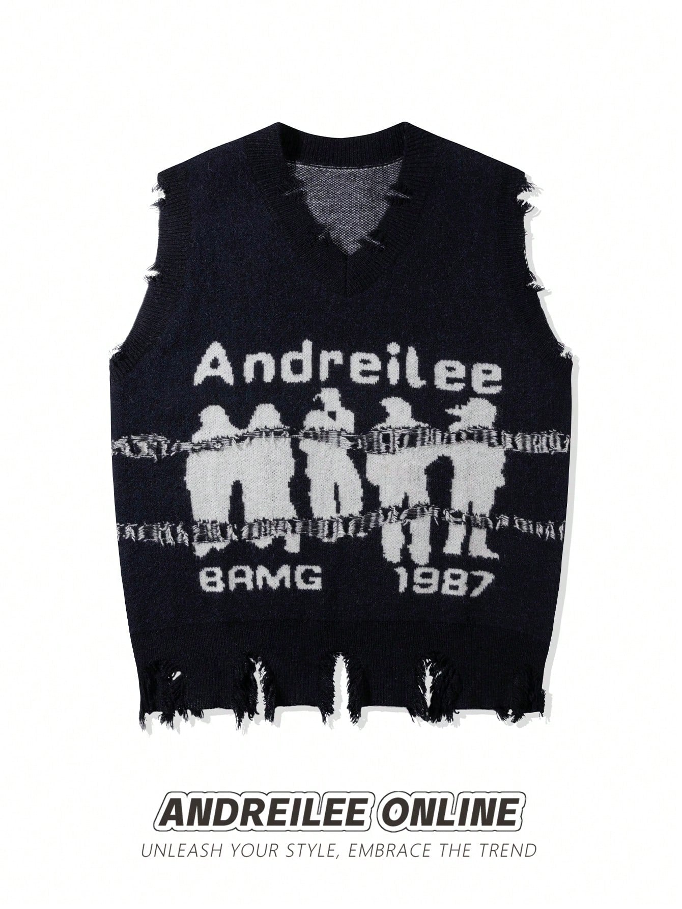 Men's Spring/Autumn Casual Sweater Vest With Character & Letter Pattern And Frayed Edge