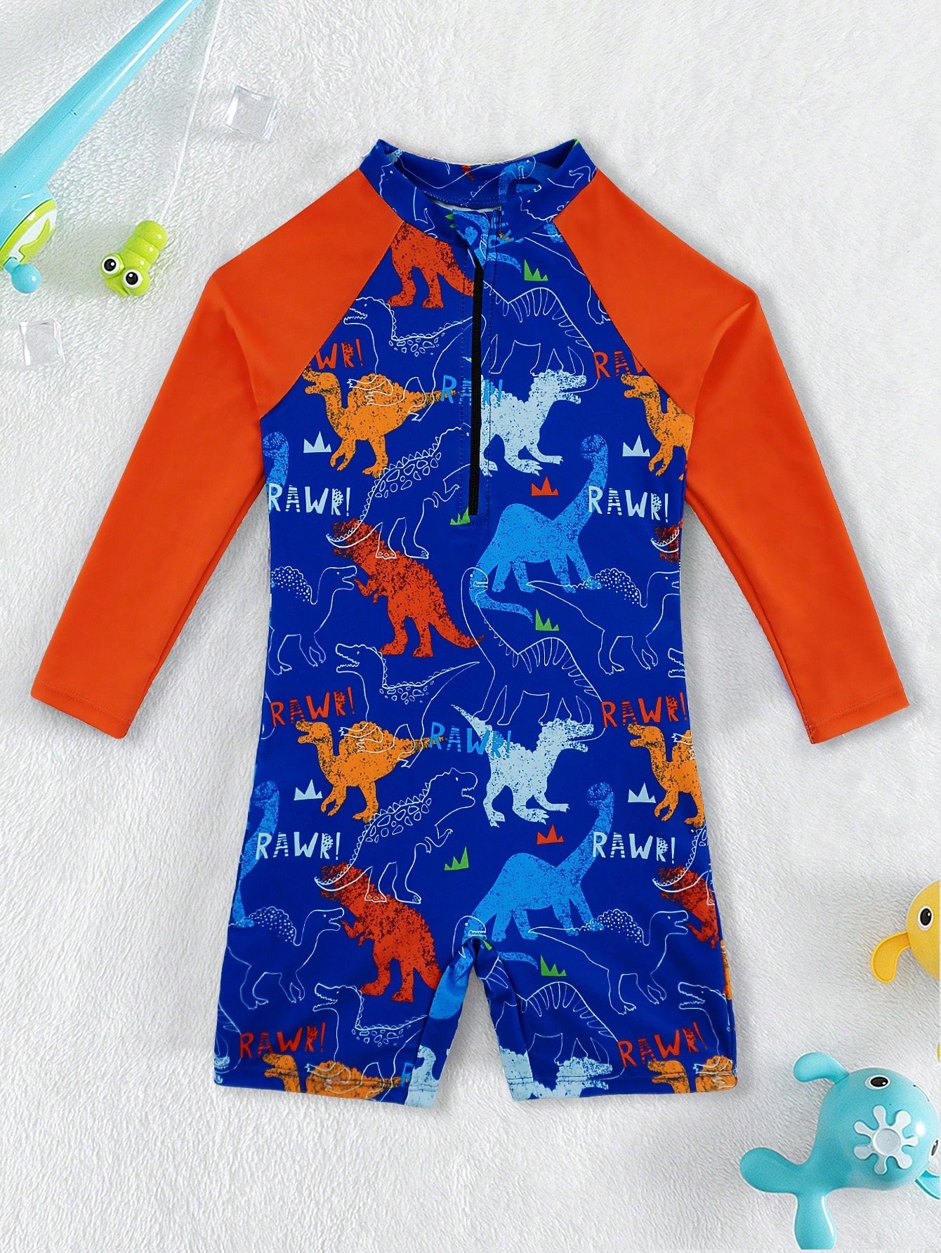 Young Boy Allover Dinosaur Print Zipper Front One Piece Swimsuit