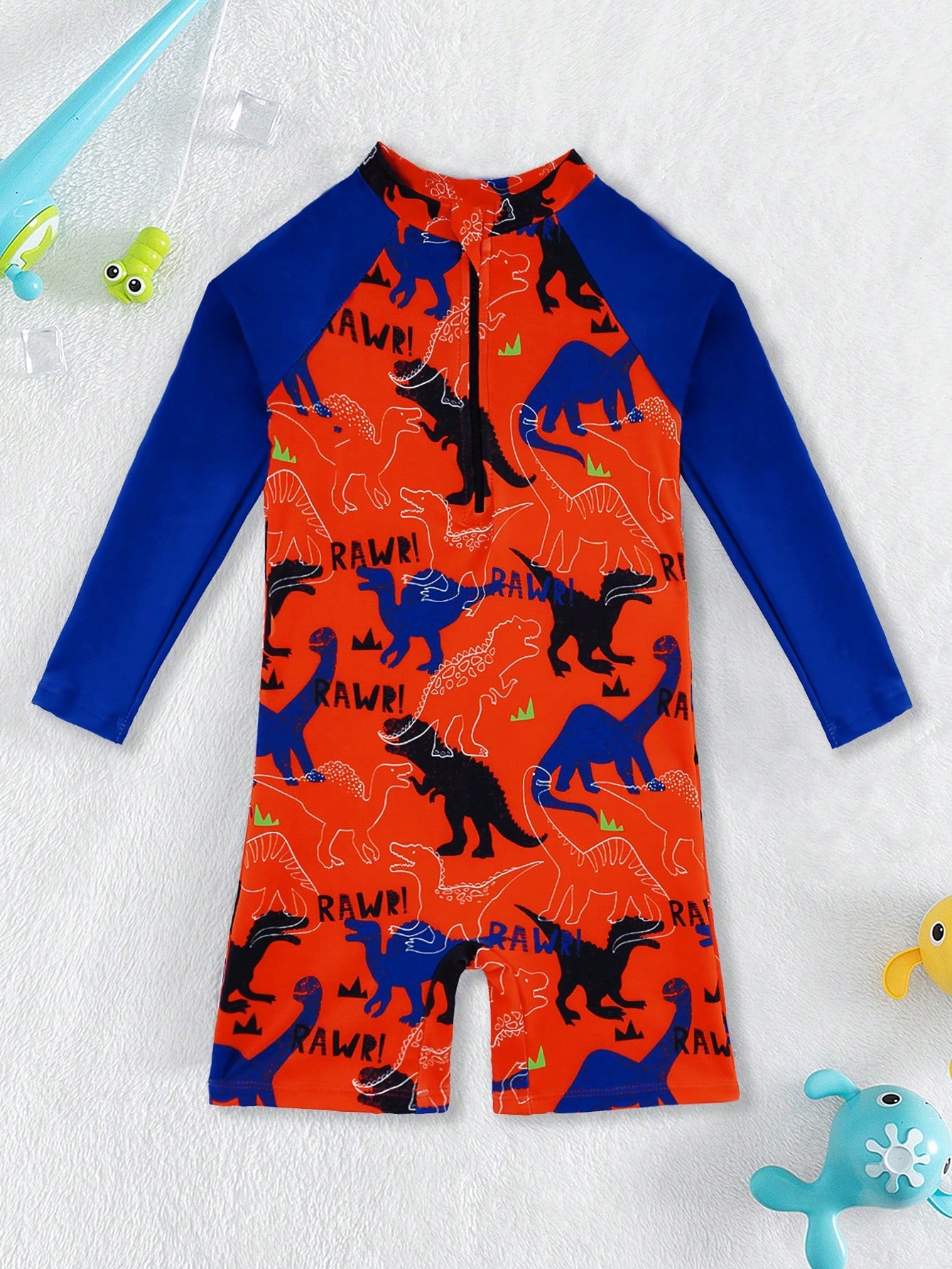 Young Boy Allover Dinosaur Print Zipper Front One Piece Swimsuit