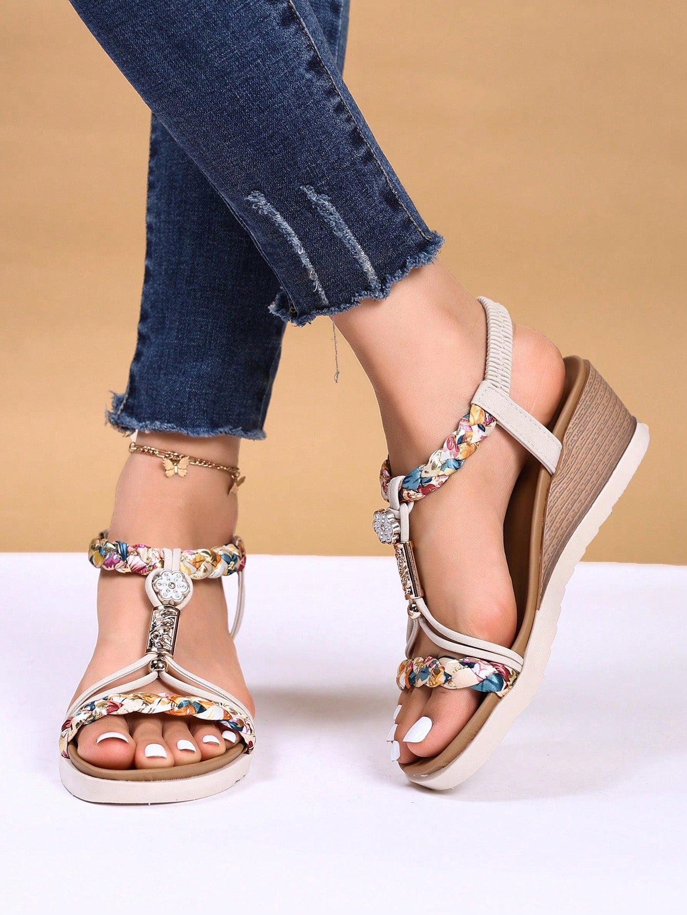 New Summer Fashionable Simple Open Toe Solid Color Women's Wedge Heel Thick Bottom Sandals