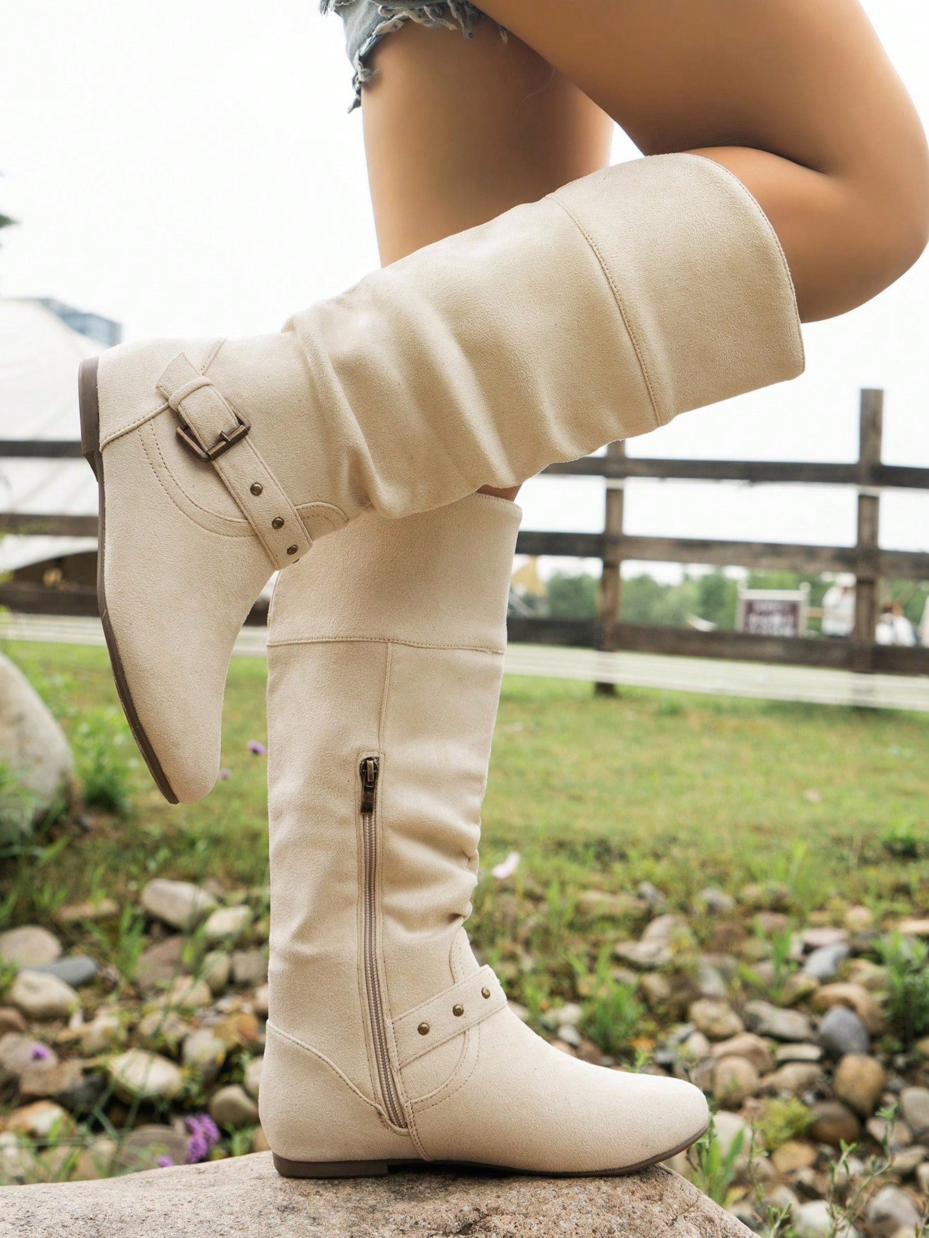 Beige Pleated Strap Buckle Side Zipper Flat Round Toe Casual, Comfortable, Versatile Knee-High Boots For Women