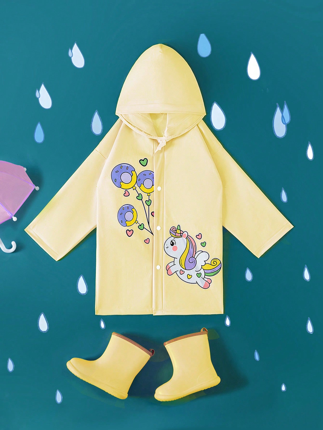 Girls' Cute Blue Unicorn Balloon Printed Raincoat For All Seasons