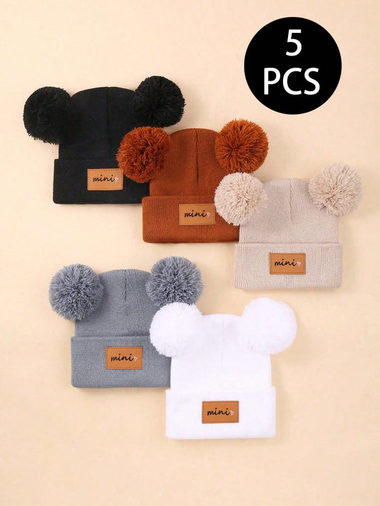 5 Packs/Set Baby Unisex Winter Hats Warm Toddler Beanies Cute Pom Pom Hats Knitted Baby Beanies